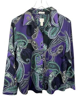 Chico’s No Iron Paisley Button Up Shirt Purple Green 100% Cotton Size XL